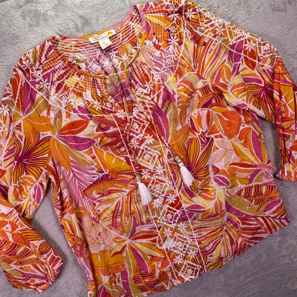 C&C California Women Peasant Blouse L Orange‎ Pink Tropical Embroidered Tassel